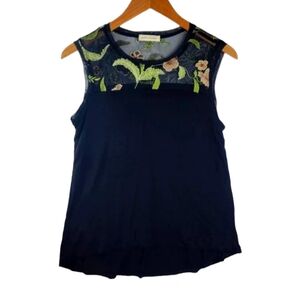 Pebble & Stone Flowy Floral Embroidered Tank Top Womens SMALL Black Asymmetrical